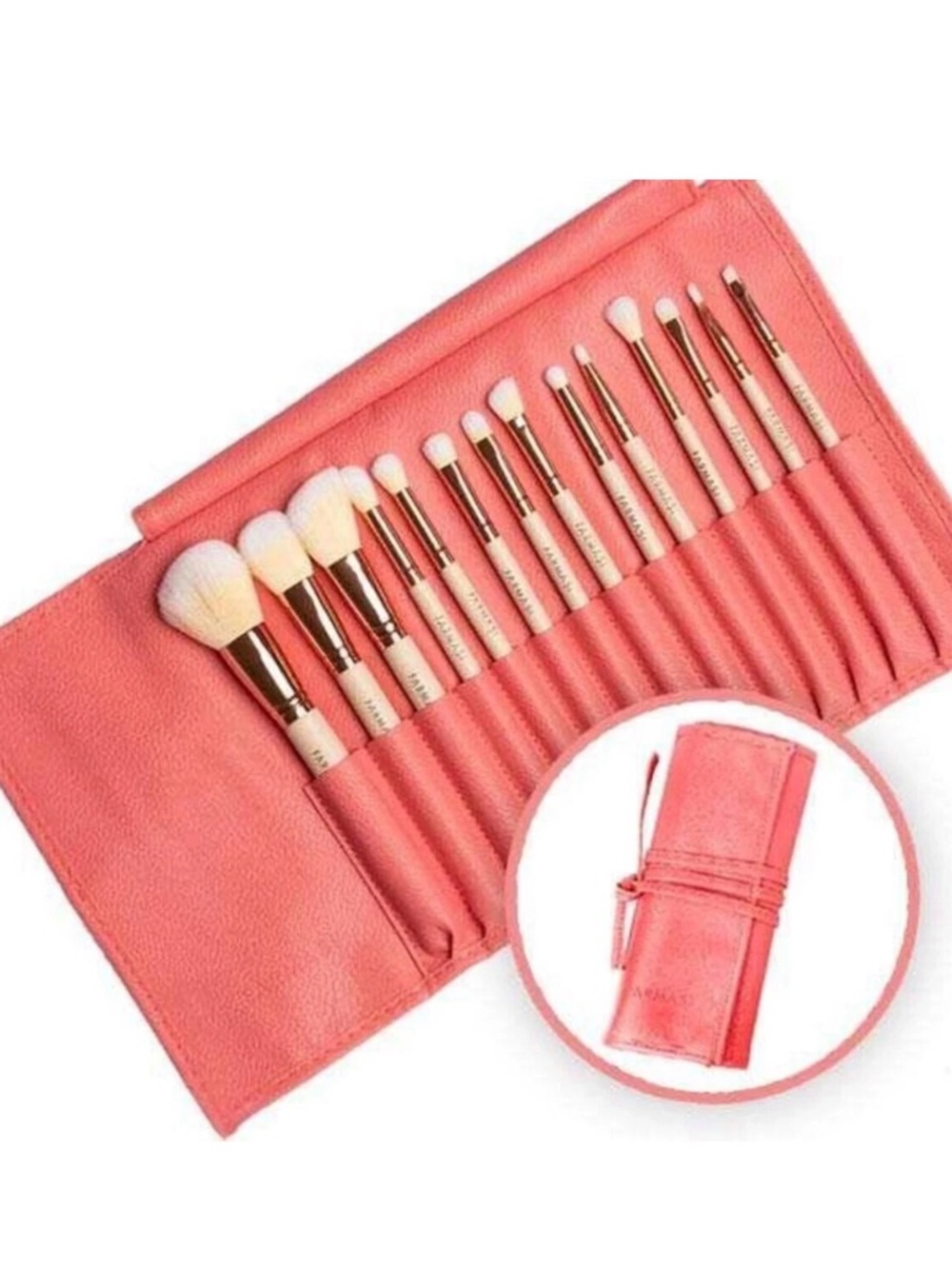 NEW: 14 Piece Farmasi Coral Makeup Brush Set with Roll Case.